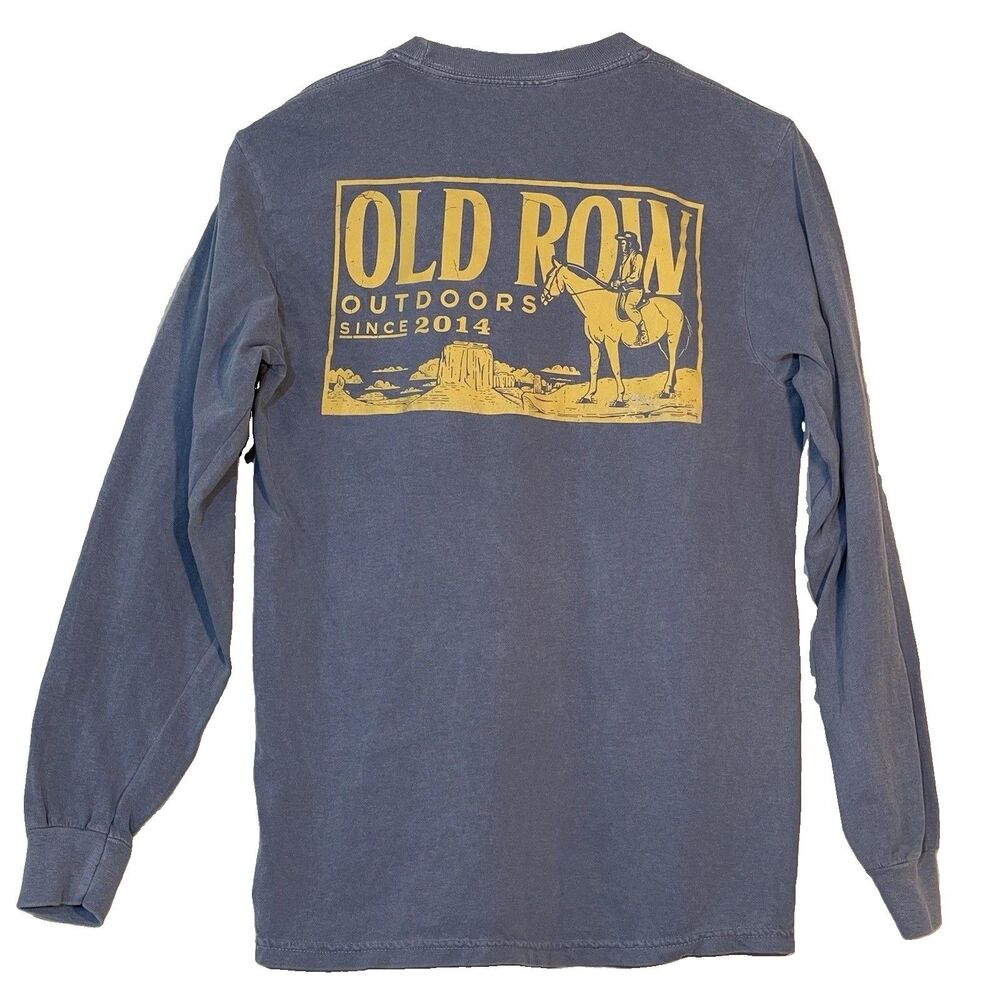 Old Row Mens S Blue Graphic Pocket TShirt Long Sleeve 100% Cotton Cowboy Western